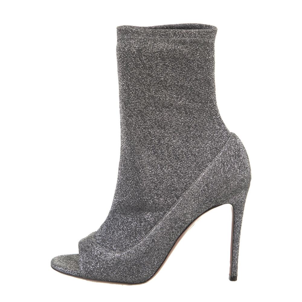 Aquazzura Eclair 105 Silver Lurex Peep Toe Stiletto Booties 36.5